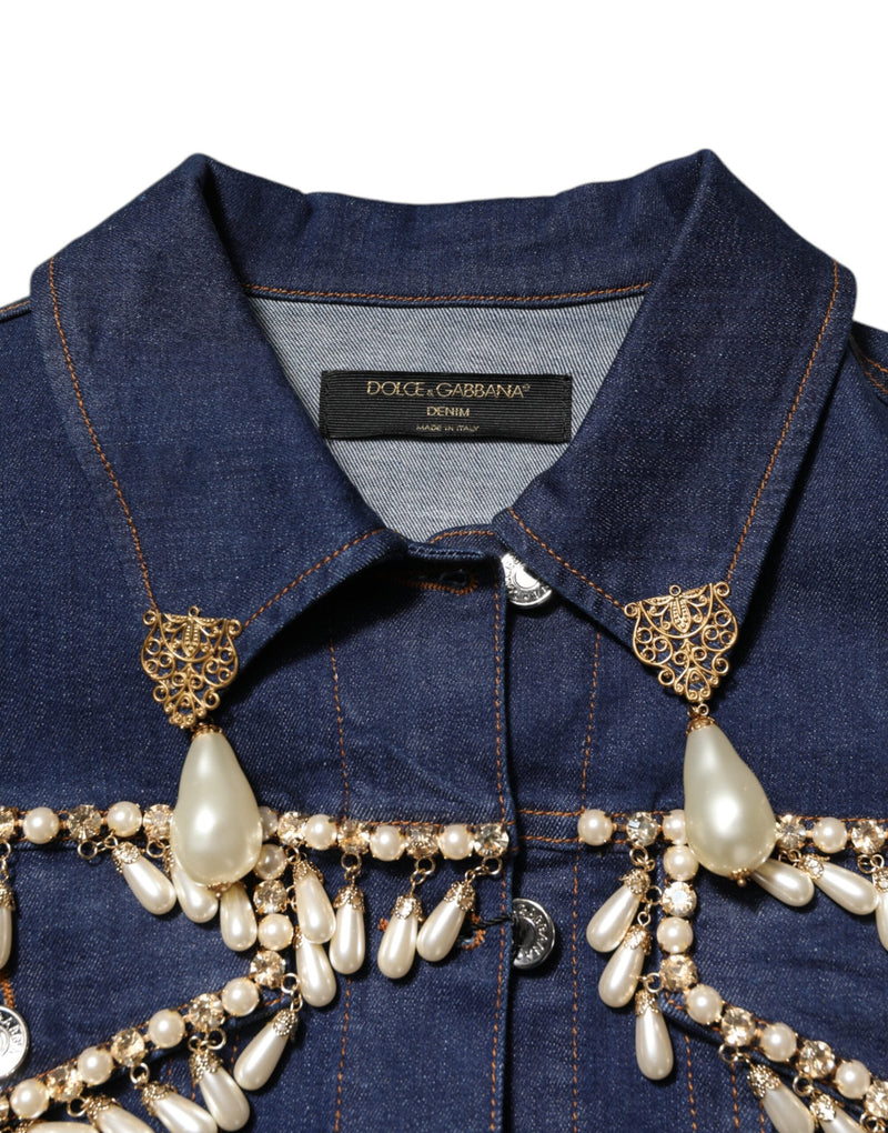 Blue Cotton Denim Crystal Embellished Jacket Dolce & Gabbana