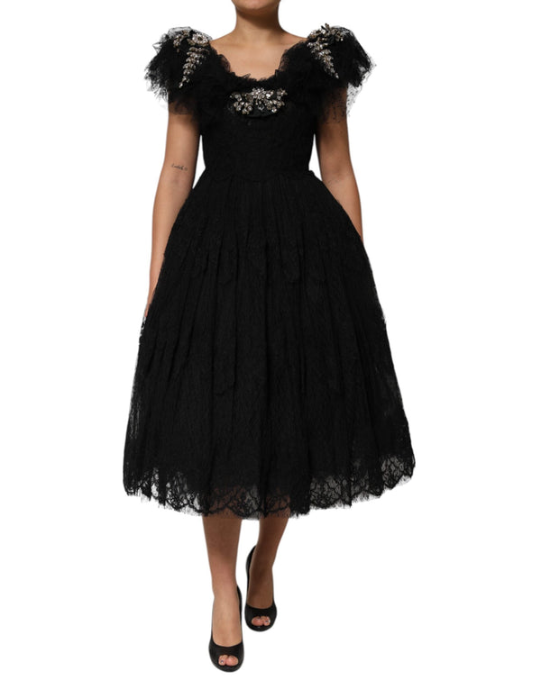 Black Crystal Embellished Midi A-line Dress Dolce & Gabbana