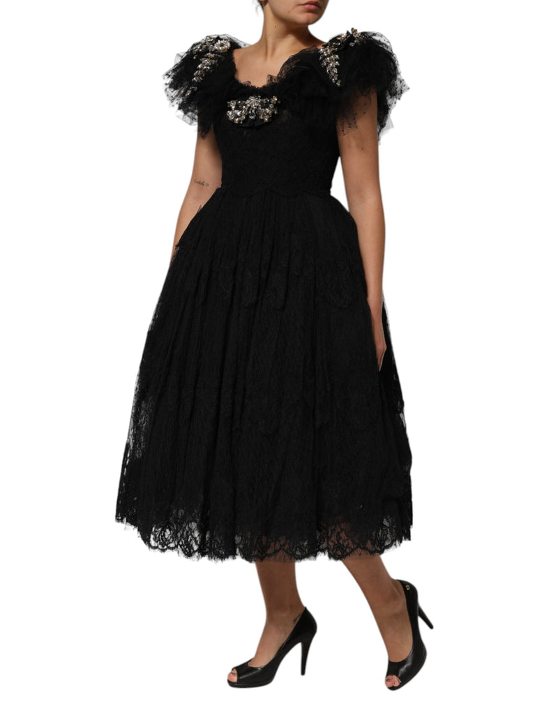 Black Crystal Embellished Midi A-line Dress Dolce & Gabbana