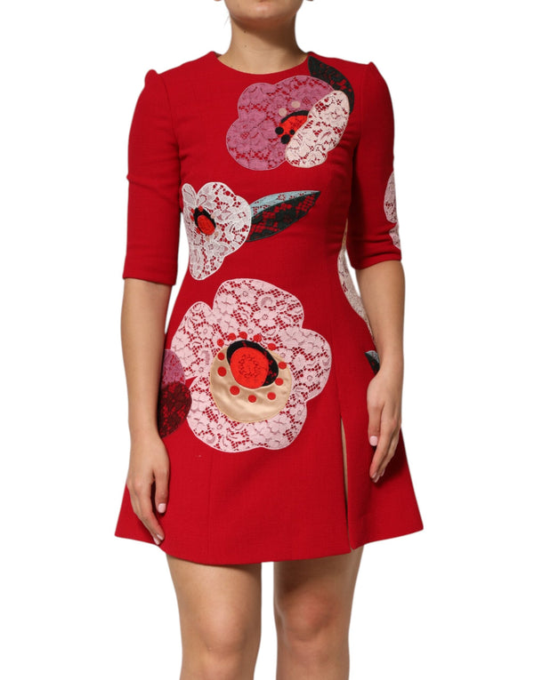 Red Lace Floral Applique A-line Mini Dress Dolce & Gabbana