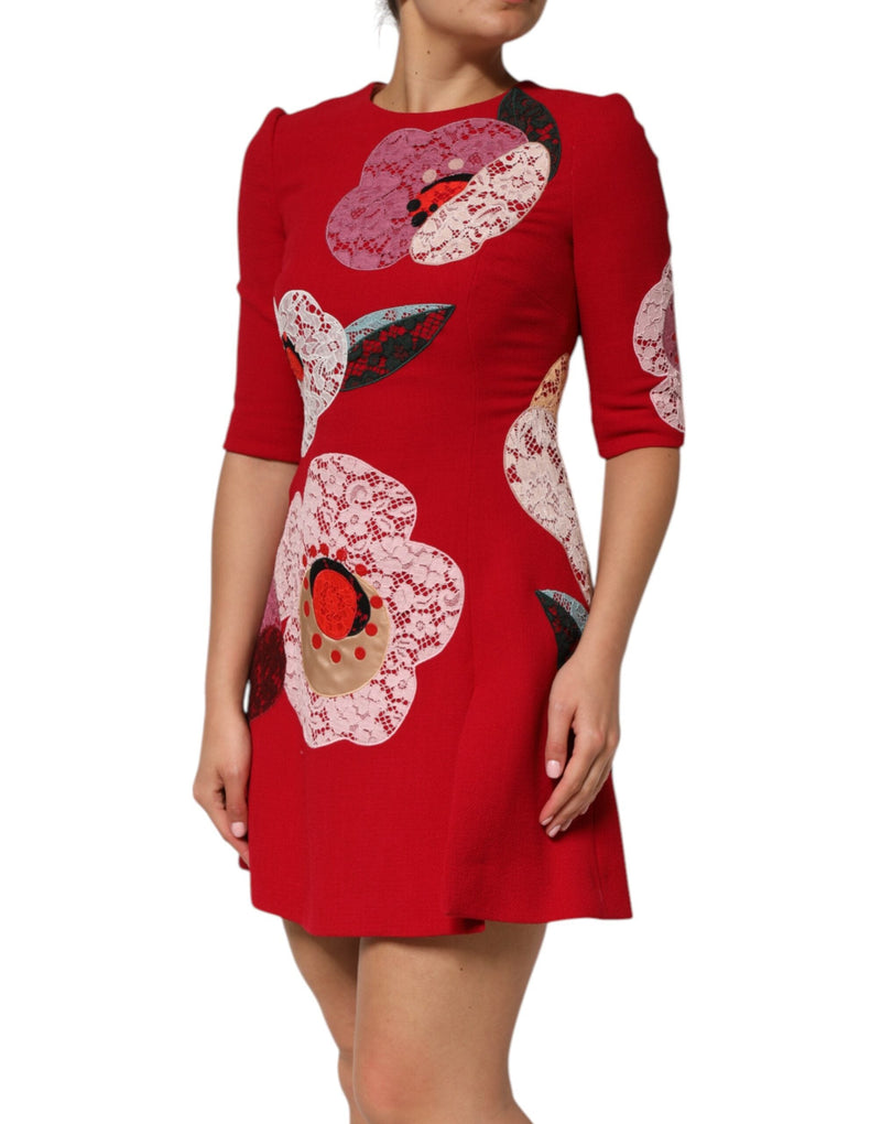 Red Lace Floral Applique A-line Mini Dress Dolce & Gabbana