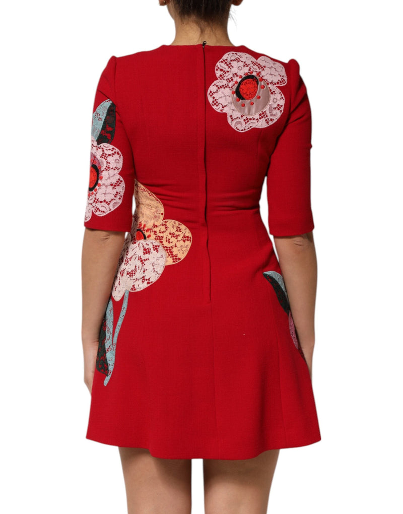 Red Lace Floral Applique A-line Mini Dress Dolce & Gabbana