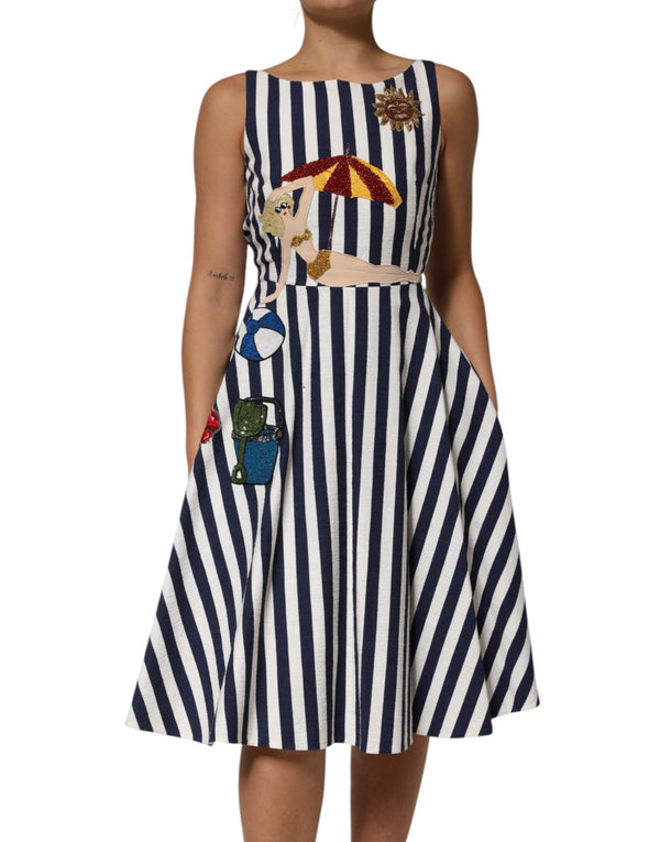 Blue White Striped Embroidered A-line Dress Dolce & Gabbana