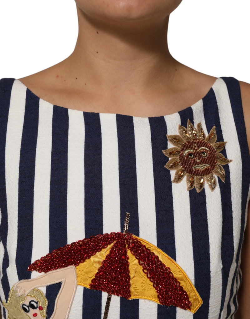 Blue White Striped Embroidered A-line Dress Dolce & Gabbana