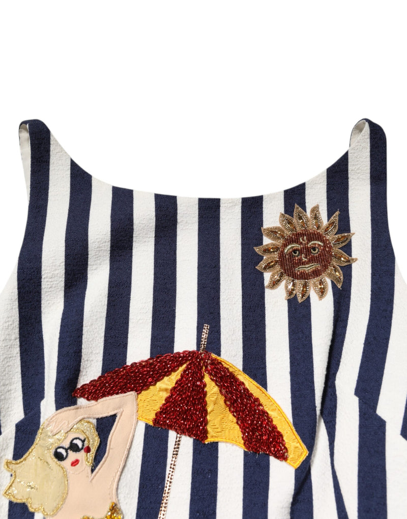 Blue White Striped Embroidered A-line Dress Dolce & Gabbana