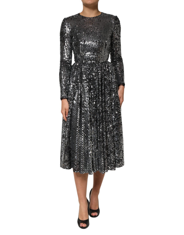 Black Sequined Long Sleeves Midi A-line  Dress Dolce & Gabbana