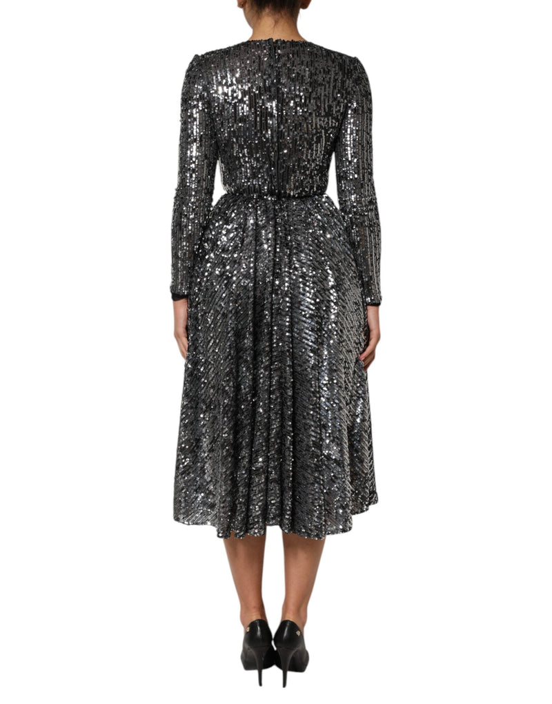 Black Sequined Long Sleeves Midi A-line  Dress Dolce & Gabbana
