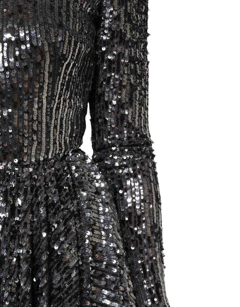 Black Sequined Long Sleeves Midi A-line  Dress Dolce & Gabbana