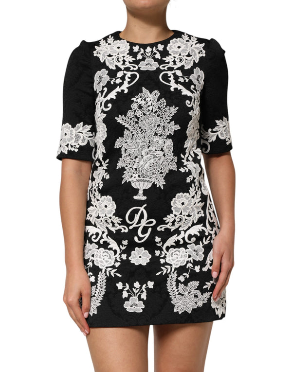 Black Lace Trim Short Sleeves A-line Dress Dolce & Gabbana