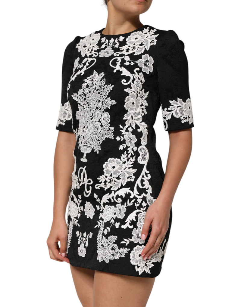 Black Lace Trim Short Sleeves A-line Dress Dolce & Gabbana