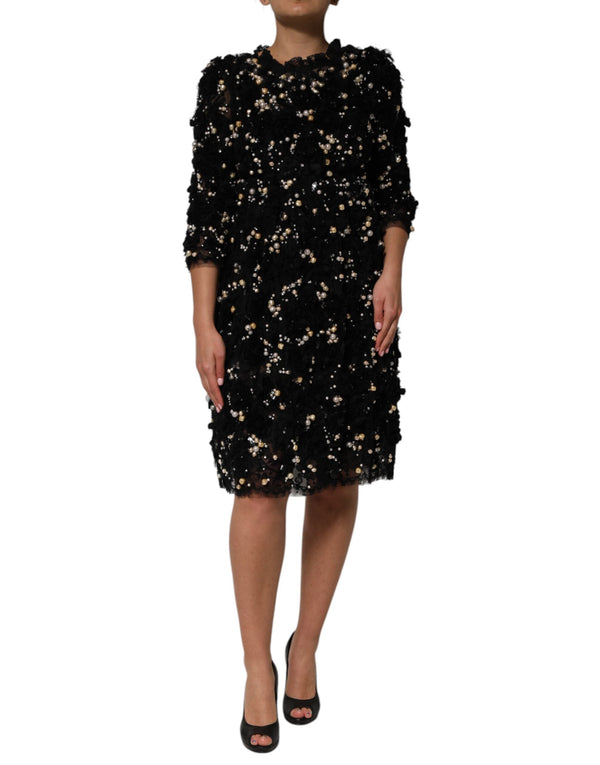 Black Viscose Pearl Embellishment Shift Dress Dolce & Gabbana