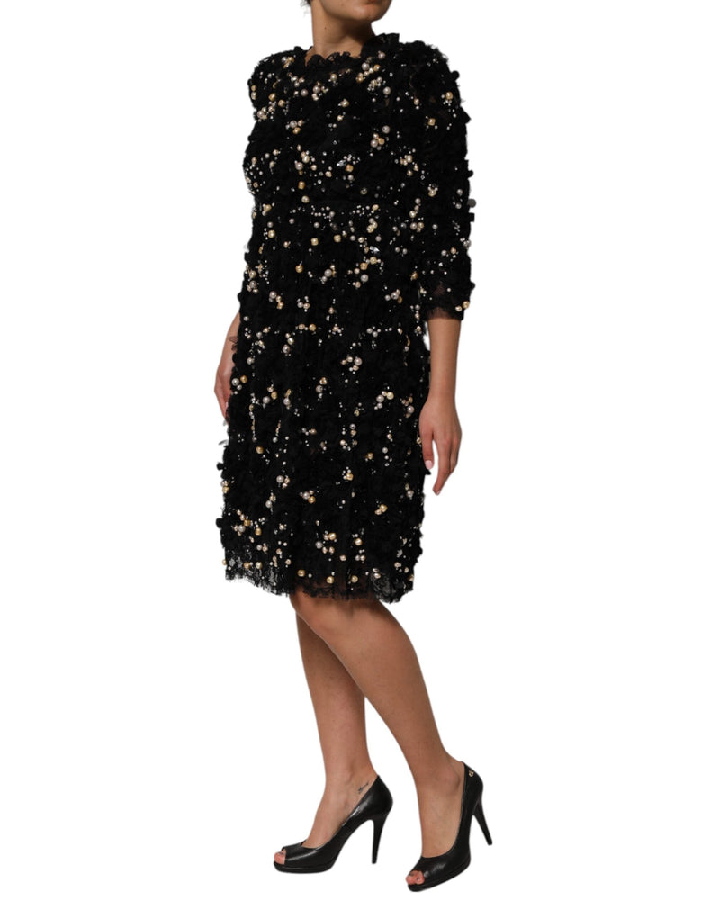 Black Viscose Pearl Embellishment Shift Dress Dolce & Gabbana