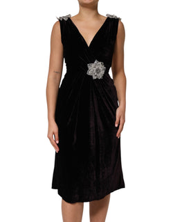 Black Velvet Flower Embellishment Aline Dress Dolce & Gabbana