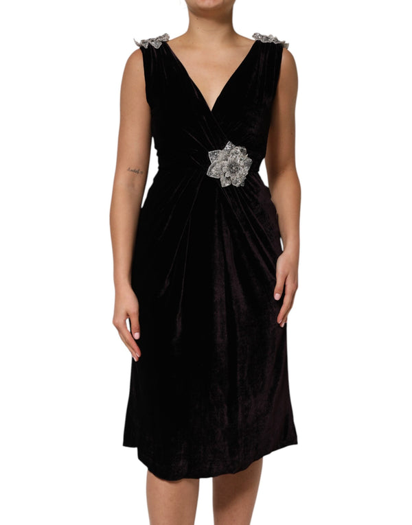Black Velvet Flower Embellishment Aline Dress Dolce & Gabbana