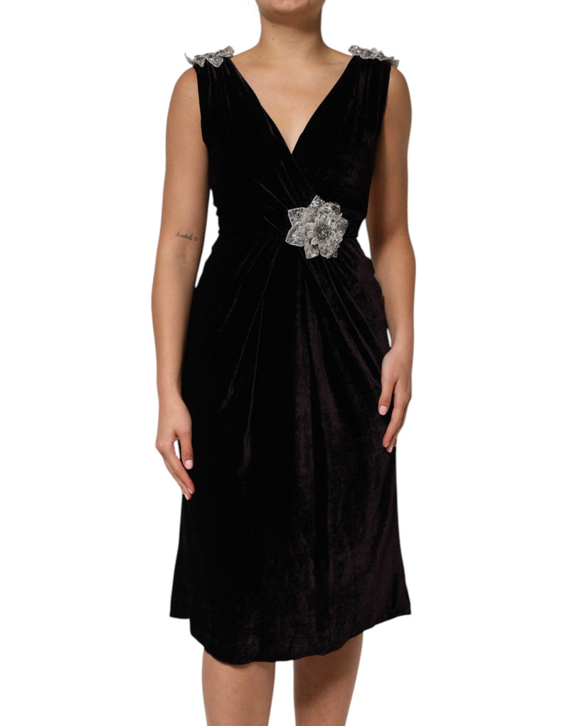 Black Velvet Flower Embellishment Aline Dress Dolce & Gabbana