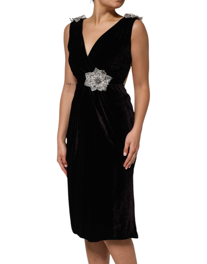Black Velvet Flower Embellishment Aline Dress Dolce & Gabbana