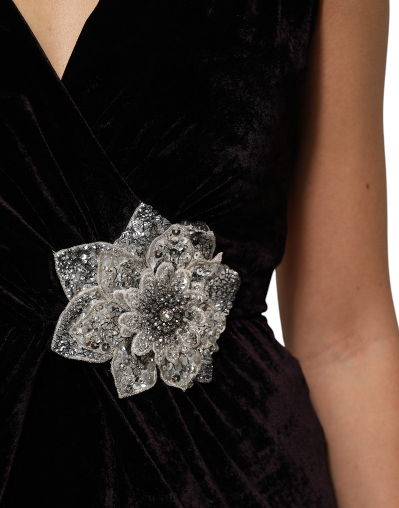Black Velvet Flower Embellishment Aline Dress Dolce & Gabbana