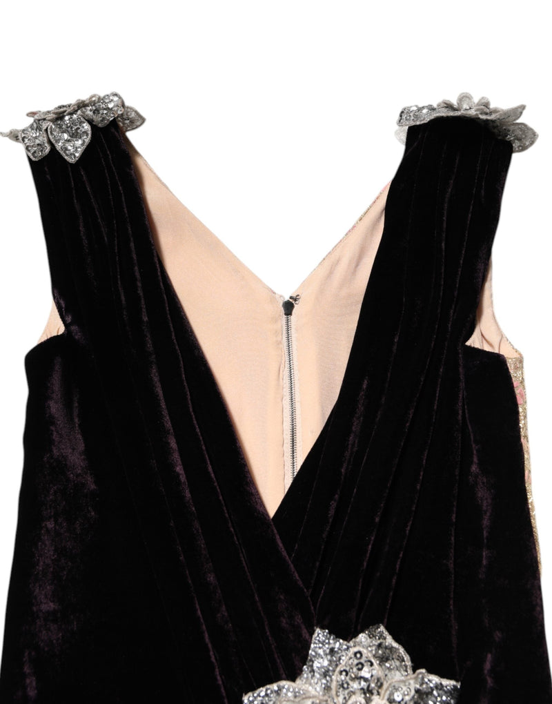 Black Velvet Flower Embellishment Aline Dress Dolce & Gabbana
