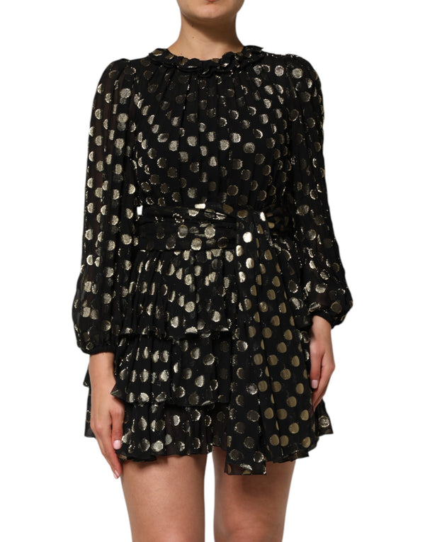 Black Gold Polka Dot Silk Brocade Mini Dress Dolce & Gabbana