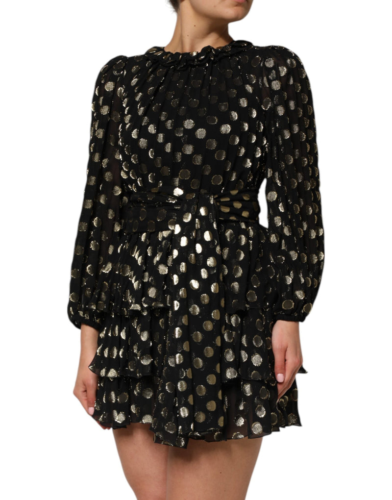 Black Gold Polka Dot Silk Brocade Mini Dress Dolce & Gabbana
