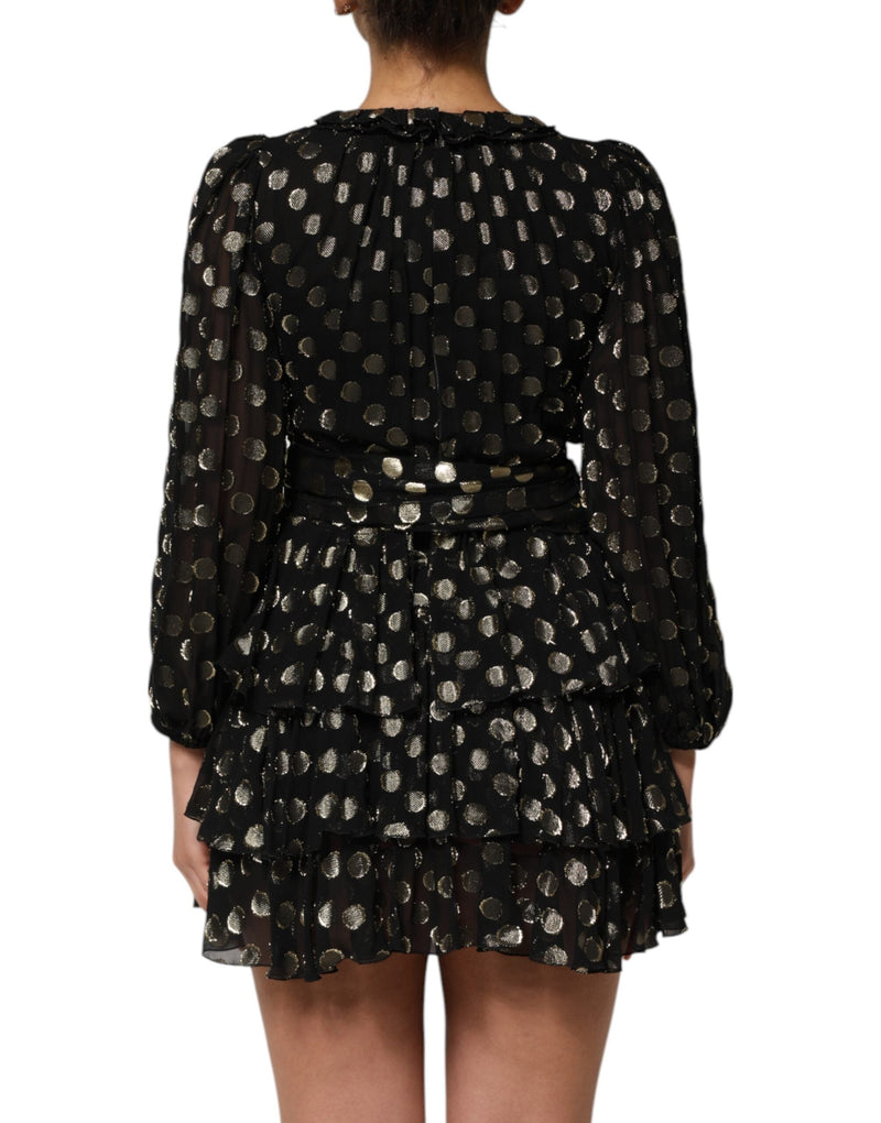 Black Gold Polka Dot Silk Brocade Mini Dress Dolce & Gabbana