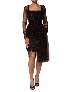 Black Lace Trim Long Sleeve Sheath Mini Dress Dolce & Gabbana