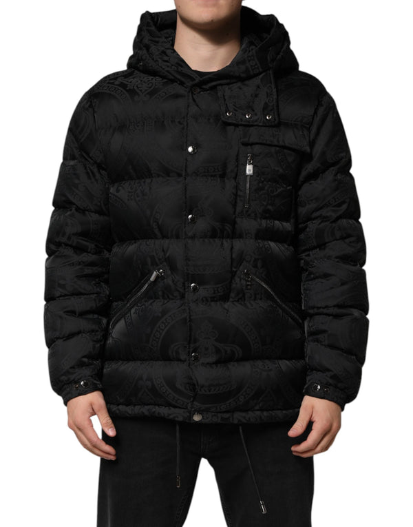 Black Jacquard Quilted Puffer Hooded Jacket Dolce & Gabbana