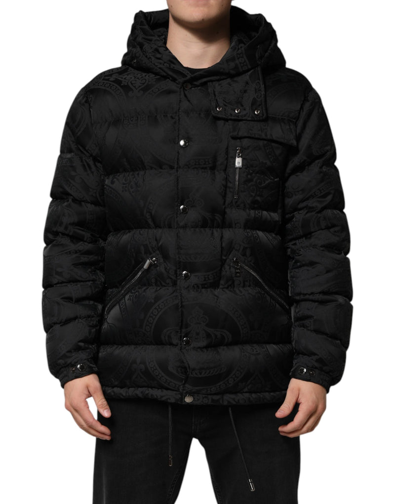 Black Jacquard Quilted Puffer Hooded Jacket Dolce & Gabbana