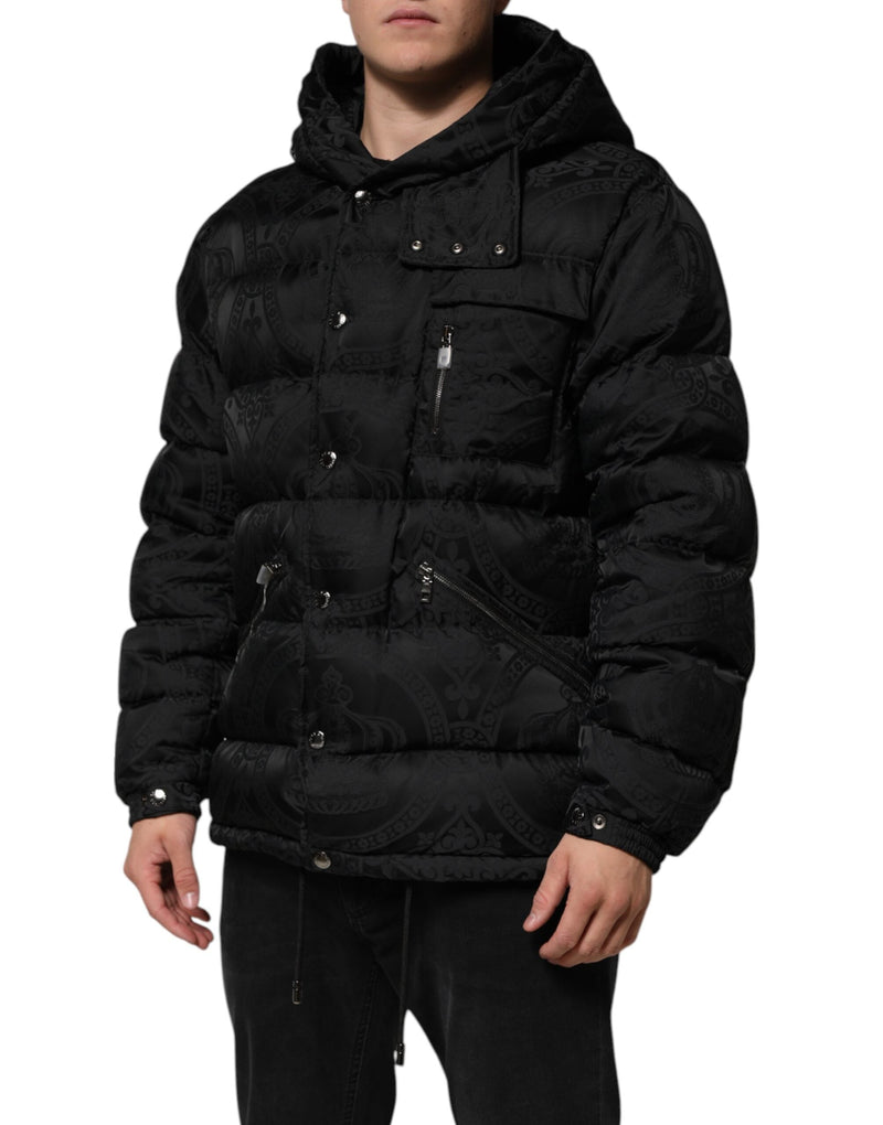 Black Jacquard Quilted Puffer Hooded Jacket Dolce & Gabbana