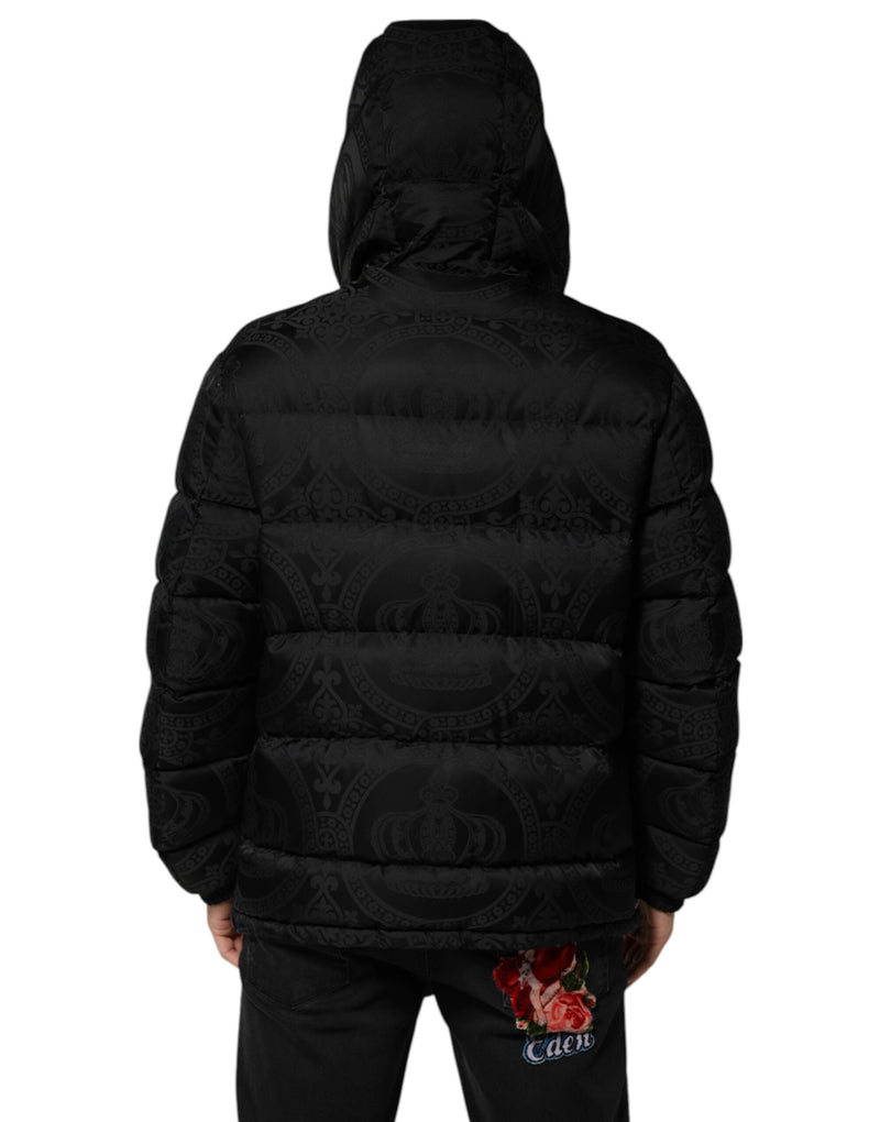 Black Jacquard Quilted Puffer Hooded Jacket Dolce & Gabbana