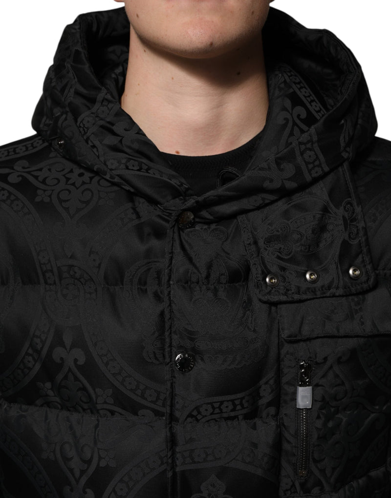 Black Jacquard Quilted Puffer Hooded Jacket Dolce & Gabbana