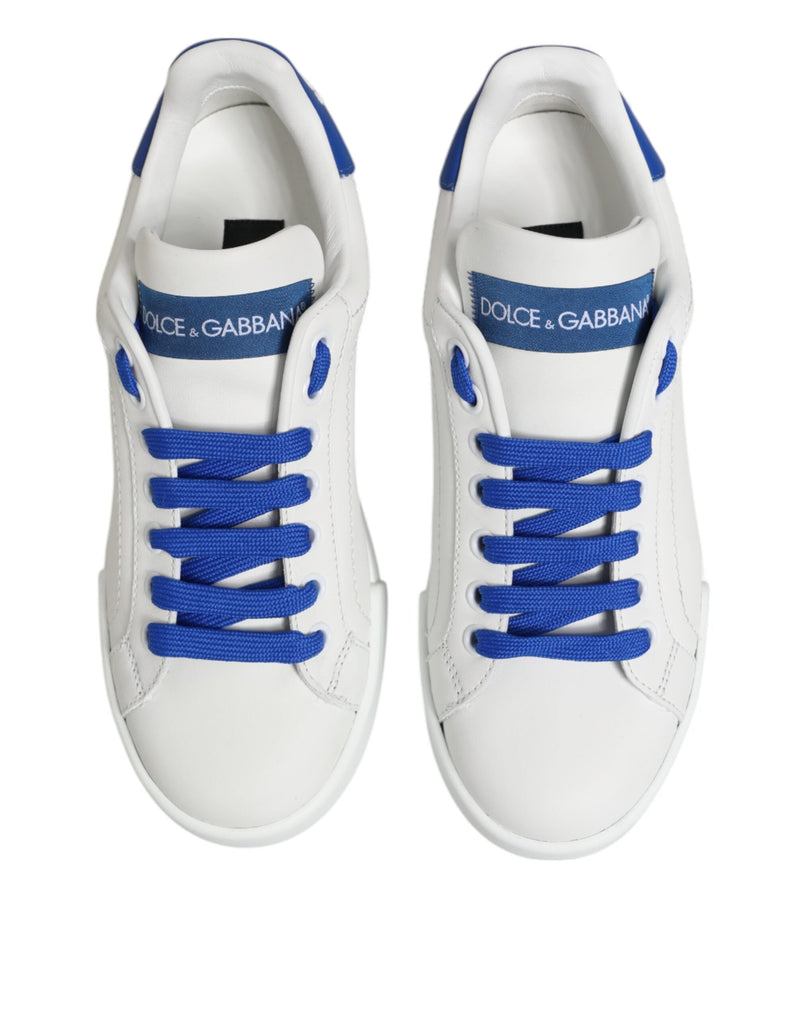 White Blue Leather Low Top Sneakers Shoes Dolce & Gabbana