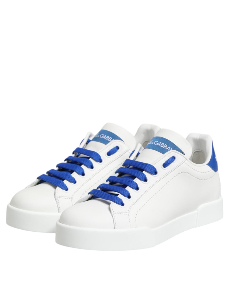 White Blue Leather Low Top Sneakers Shoes Dolce & Gabbana