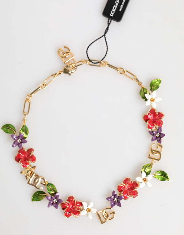 Gold Brass Logo Detail Floral Fashion Jewelry Necklace Dolce & Gabbana