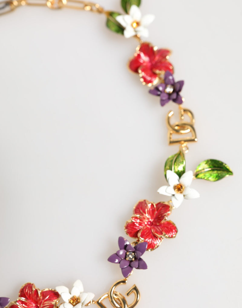 Gold Brass Logo Detail Floral Fashion Jewelry Necklace Dolce & Gabbana