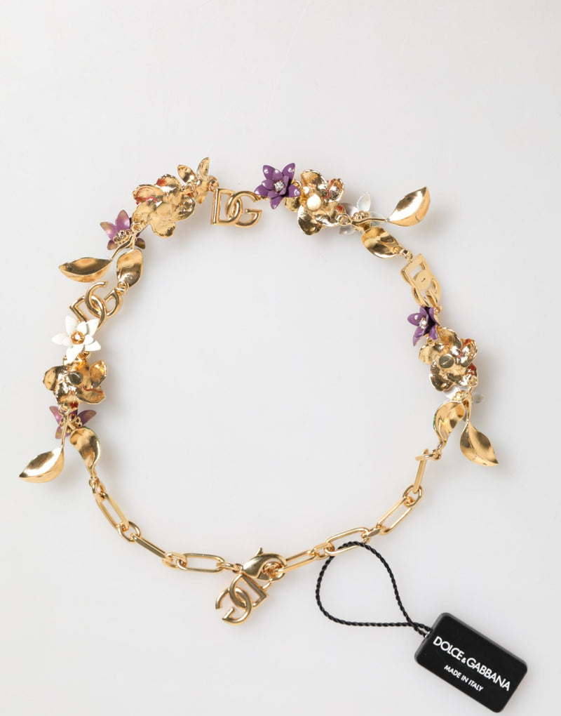 Gold Brass Logo Detail Floral Fashion Jewelry Necklace Dolce & Gabbana