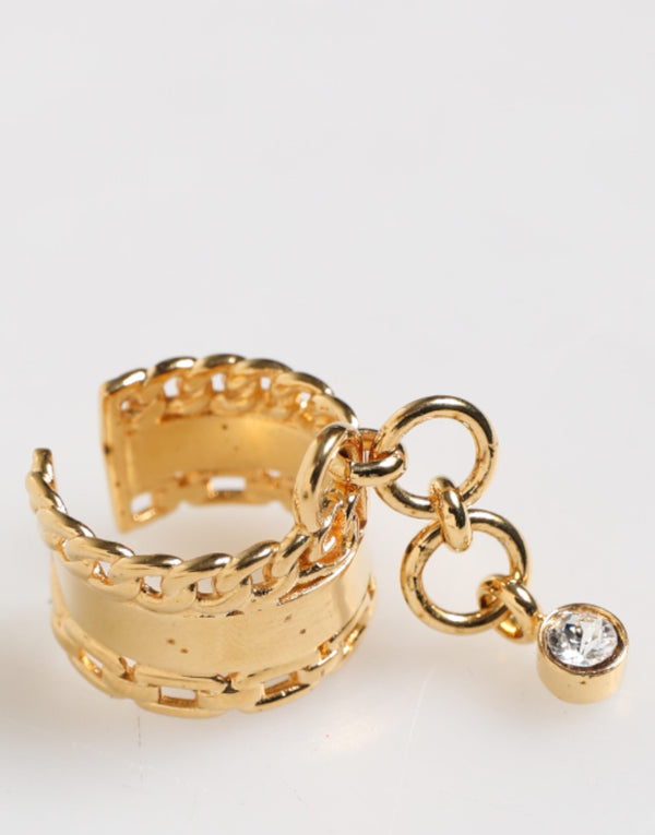 Gold Tone Brass Logo Chain Clear Crystals Adjustable Ring Dolce & Gabbana