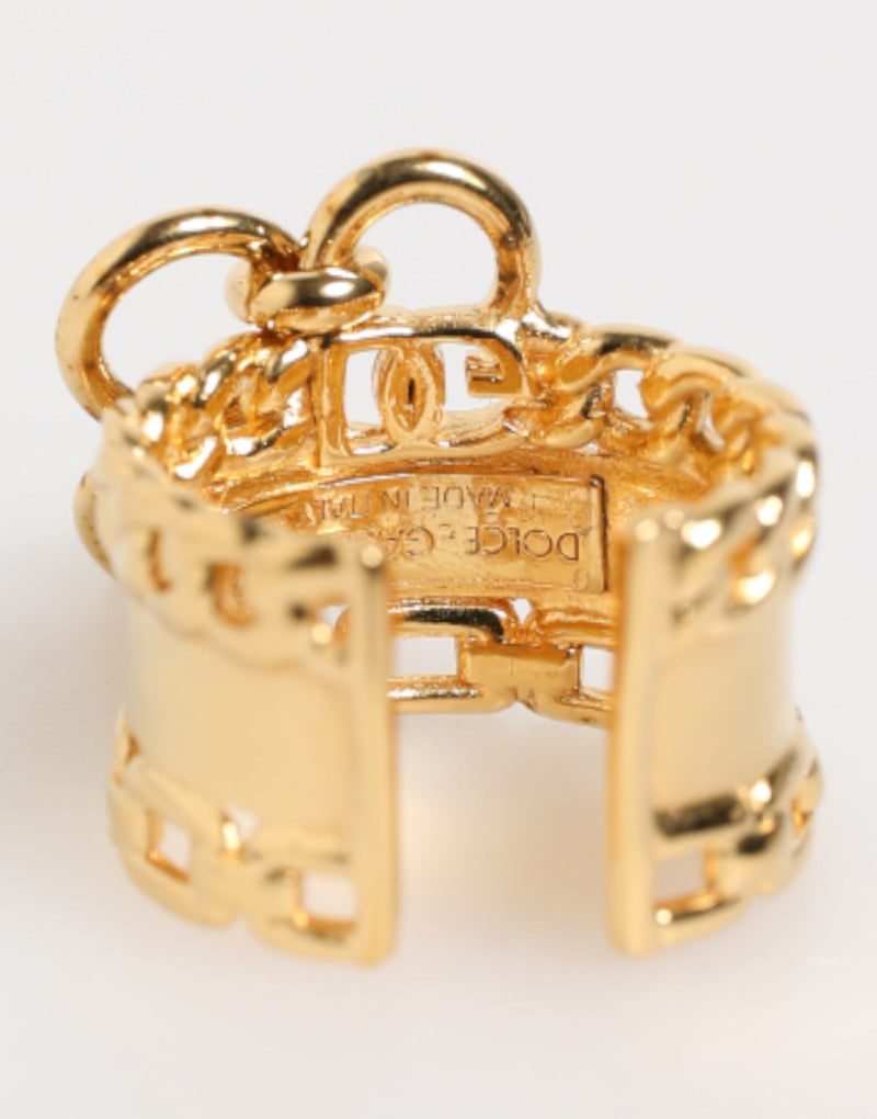 Gold Tone Brass Logo Chain Clear Crystals Adjustable Ring Dolce & Gabbana