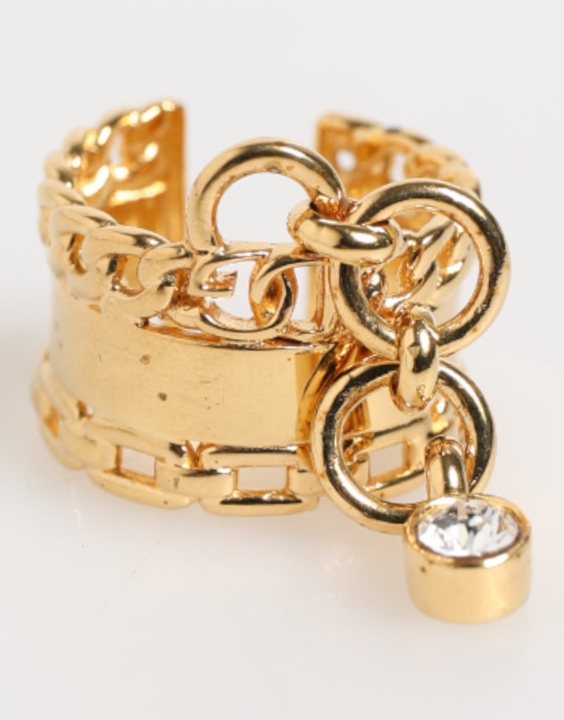 Gold Tone Brass Logo Chain Clear Crystals Adjustable Ring Dolce & Gabbana