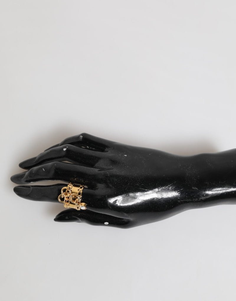 Gold Tone Brass Logo Chain Clear Crystals Adjustable Ring Dolce & Gabbana