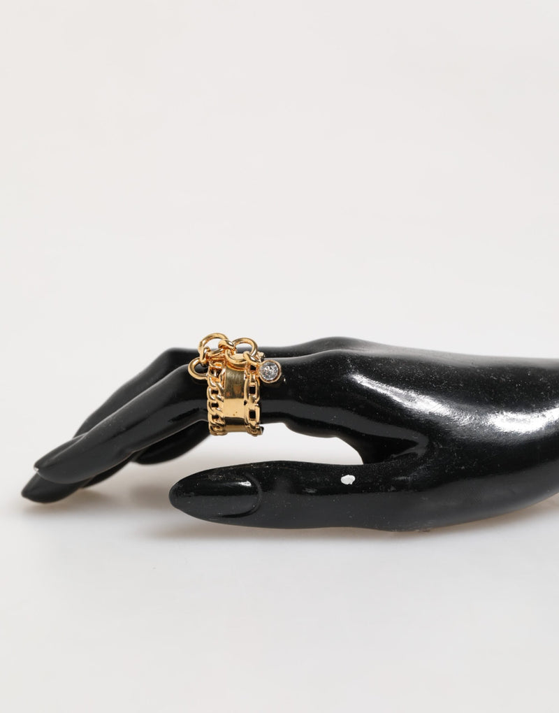 Gold Tone Brass Logo Chain Clear Crystals Adjustable Ring Dolce & Gabbana