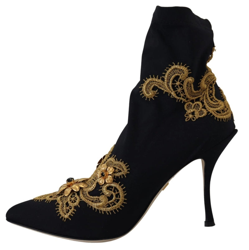 Black Gold Embroidery Crystal Boots Shoes Dolce & Gabbana