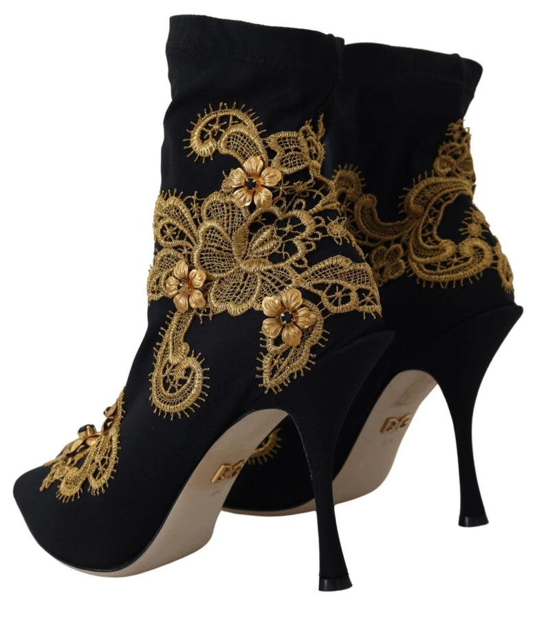 Black Gold Embroidery Crystal Boots Shoes Dolce & Gabbana