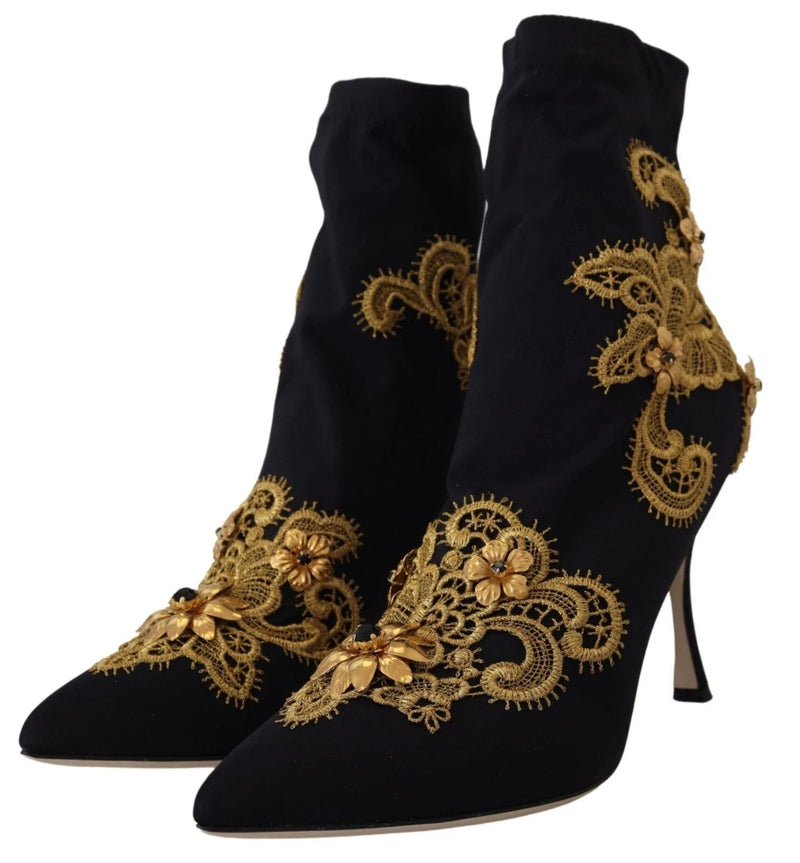 Black Gold Embroidery Crystal Boots Shoes Dolce & Gabbana