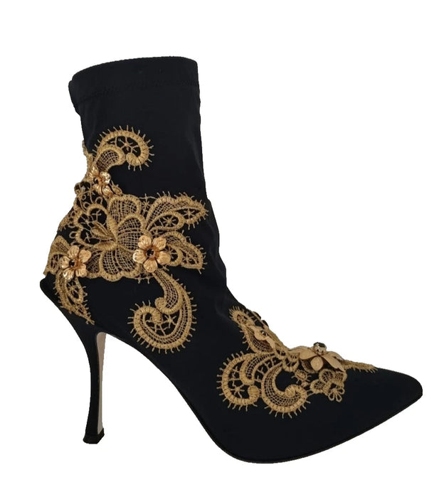 Black Gold Embroidery Crystal Boots Shoes Dolce & Gabbana