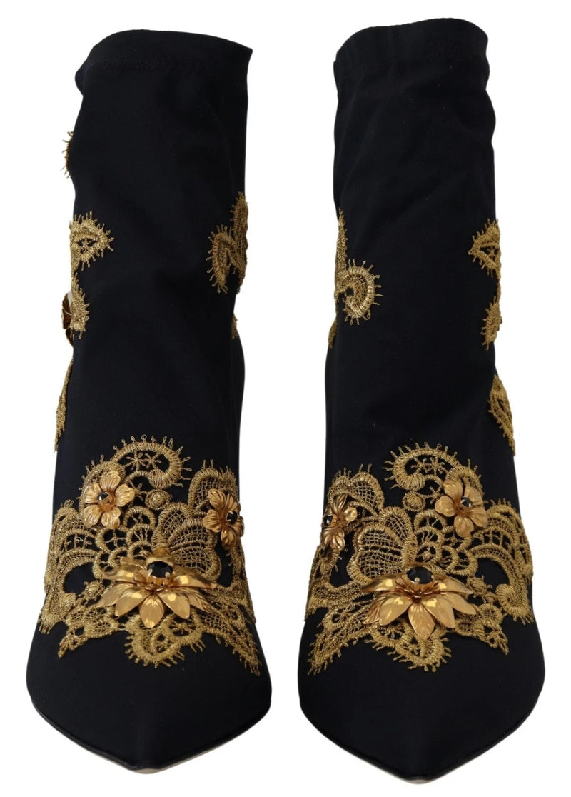 Black Gold Embroidery Crystal Boots Shoes Dolce & Gabbana