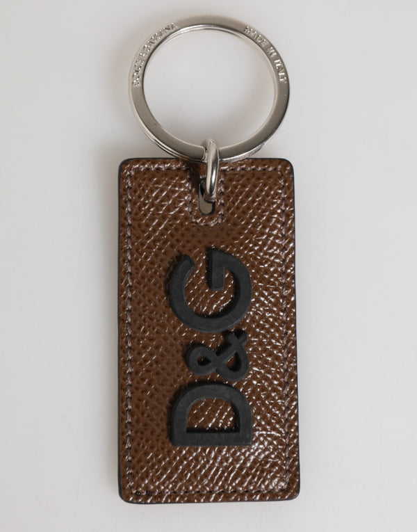 Dark Brown Leather Logo Metal Ring Keychain Holder Keyring Dolce & Gabbana