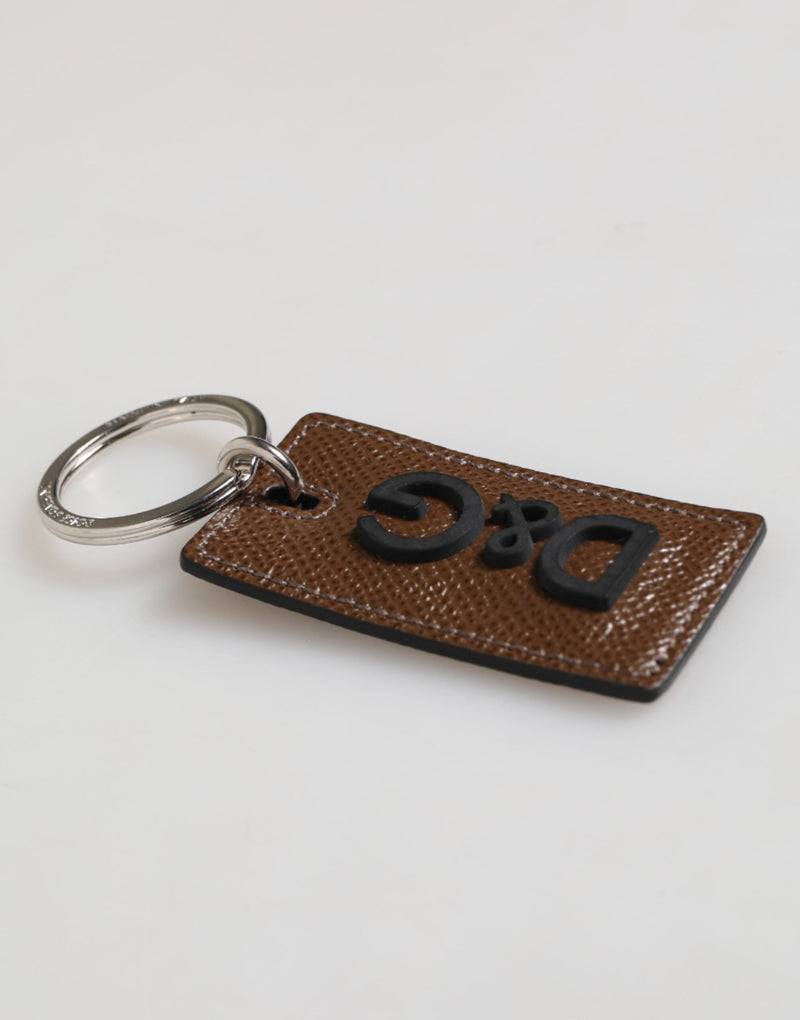 Dark Brown Leather Logo Metal Ring Keychain Holder Keyring Dolce & Gabbana