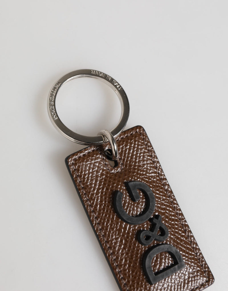 Dark Brown Leather Logo Metal Ring Keychain Holder Keyring Dolce & Gabbana