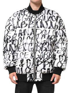 White Black Graffiti Logo Puffer Bomber Jacket Dolce & Gabbana
